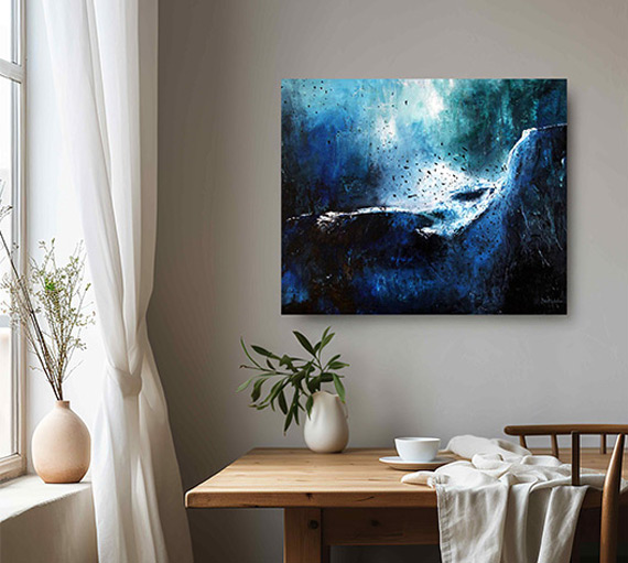 Peinture contemporaine à l’huile représentant la danse des martinets autour des Chutes d’Iguazú, cascade entre Argentine et Brésil, dans une atmosphère abstraite et immersive.